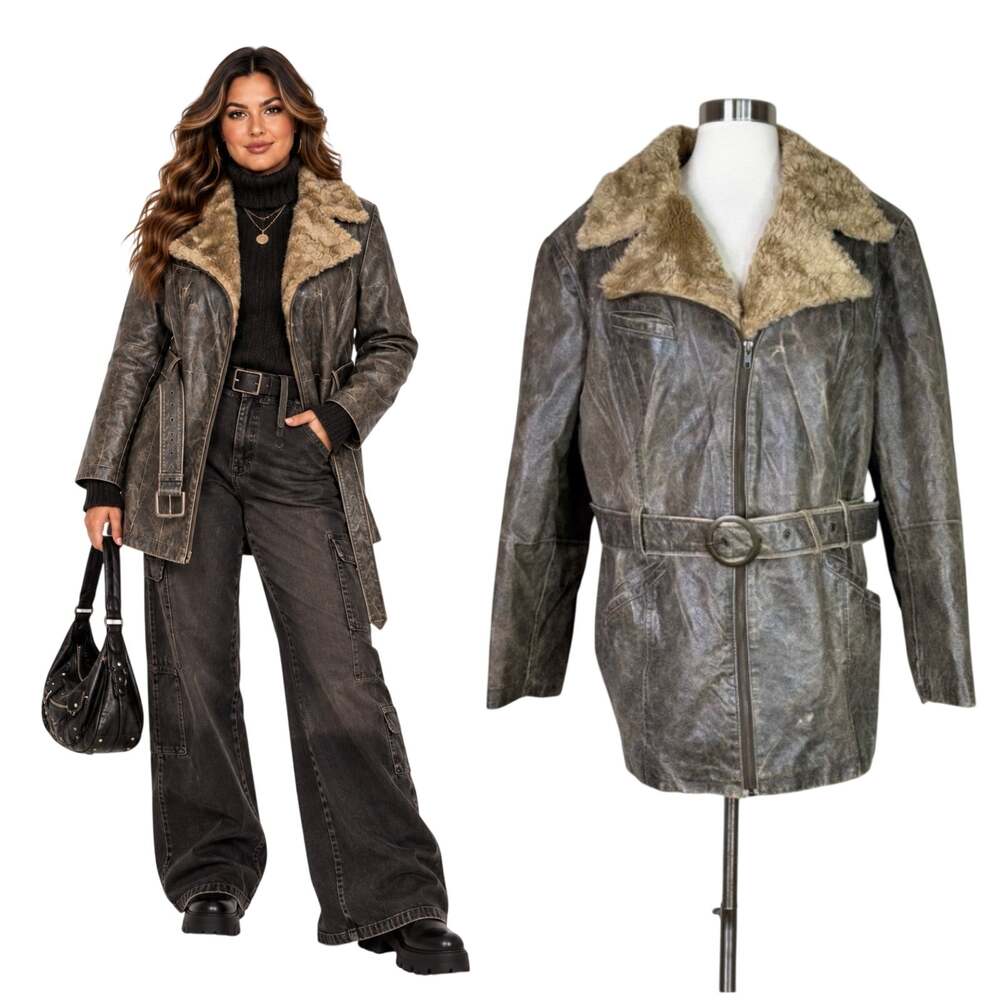 Vintage | Outbrook Distressed Brown Leather Faux Fur Plus Size Jacket Coat 2X